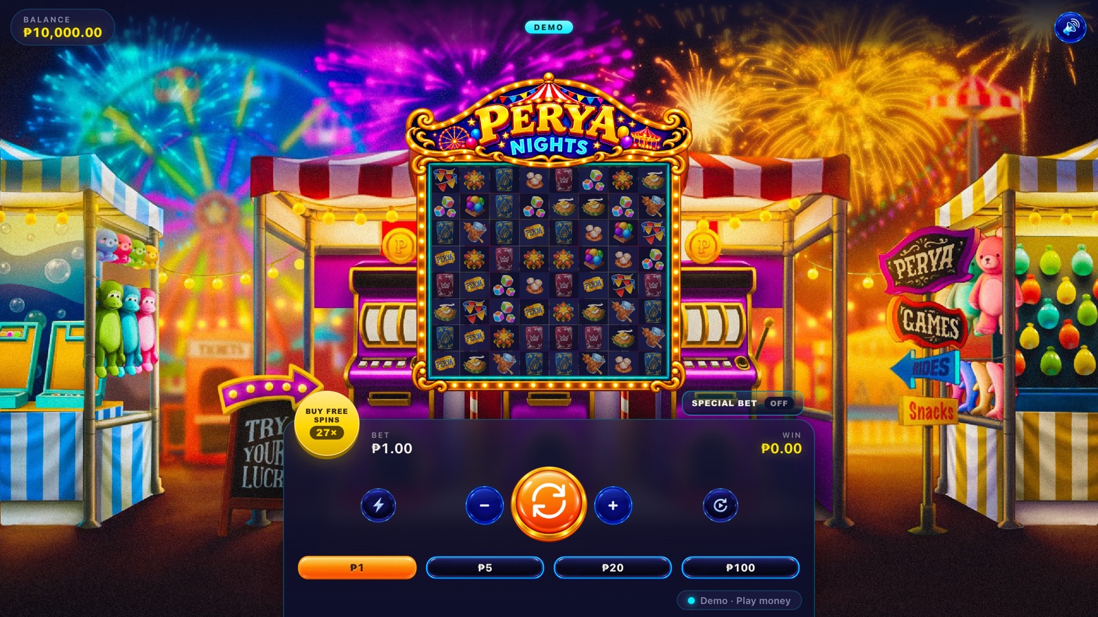 Perya Nights on desktop: a cascading symbol grid framed by a lit carnival marquee, with fireworks over perya stalls.