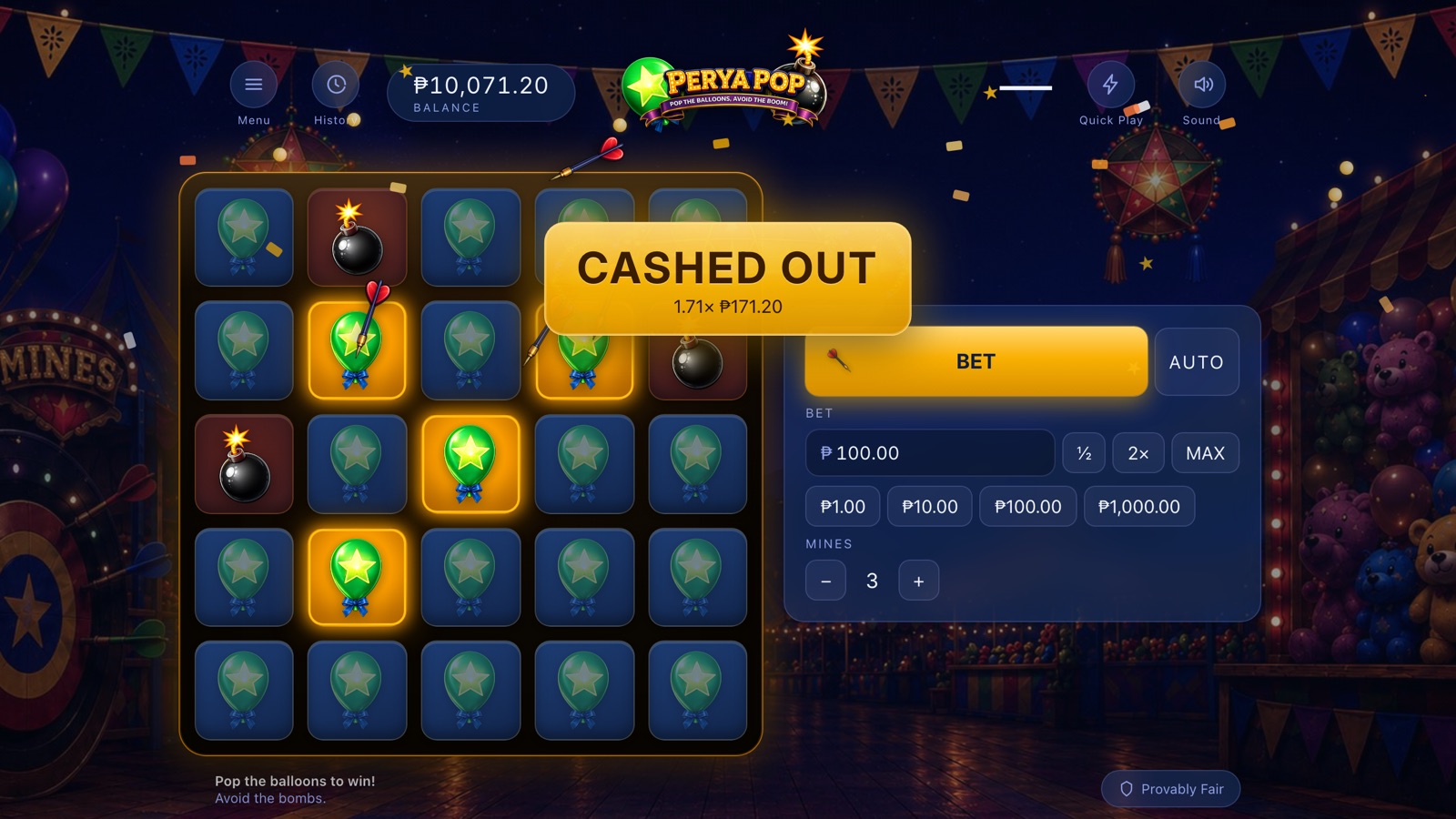 Perya Pop on desktop: a 5 by 5 grid of balloons with three bombs revealed and a cashed-out win of 1.71 times.
