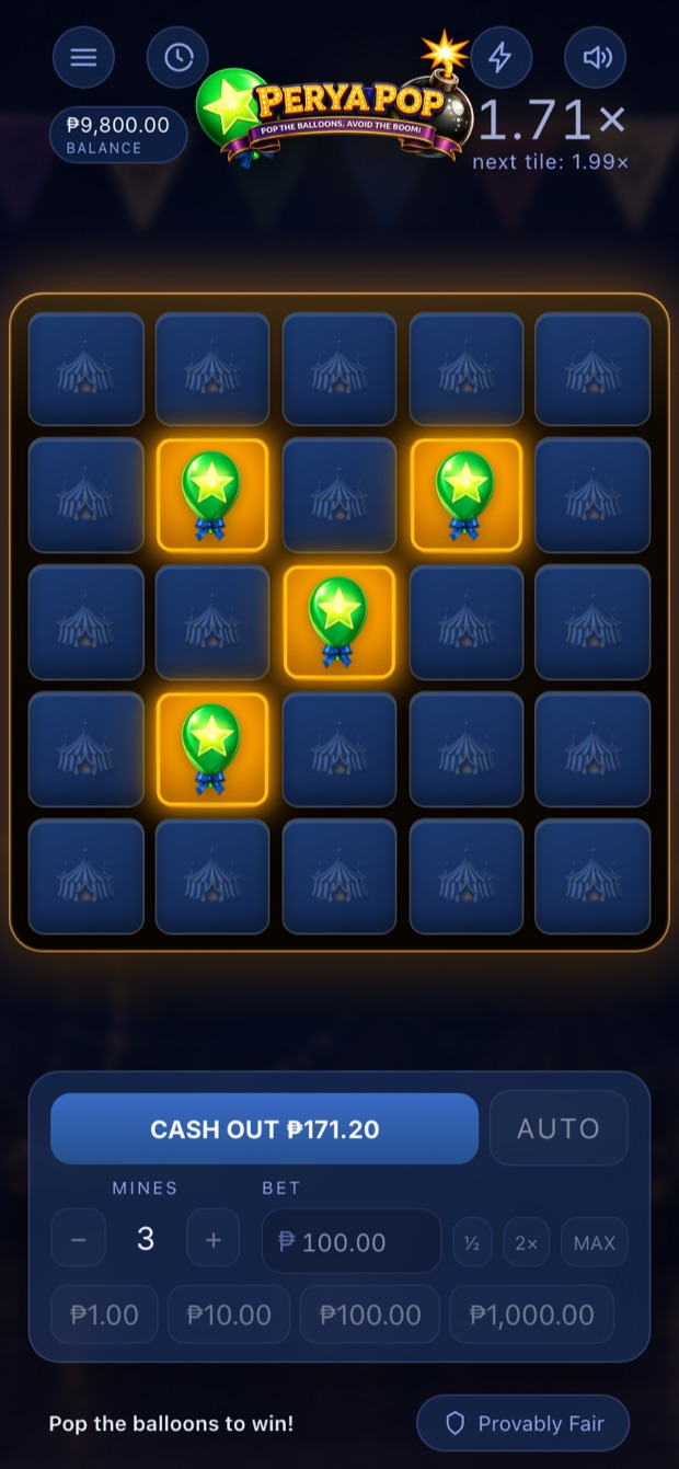 Perya Pop on a phone, mid-round with the multiplier climbing.